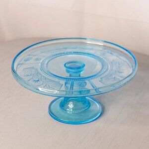 Antique Small Bryce Glass Willow Oak Blue Cake Stand
